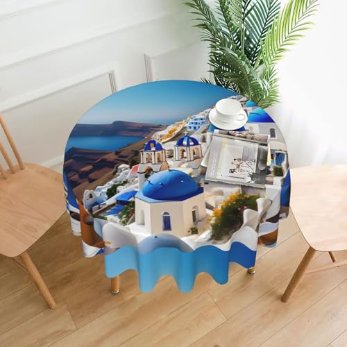 HUIKGIER Santorini Runde Tische mit griechischer Insel und Meerblick, knitterfrei, ölbeständig, Heimdekoration, Partys, Essen, Outdoor-Funktionen von HUIKGIER