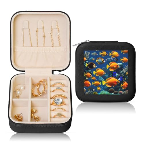 HUIKGIER The Underwater World Schmuckschatulle mit tropischem Fischdruck, tragbar, quadratisch, stilvolle Aufbewahrungsbox für Ohrringe, Halsketten, Armbänder von HUIKGIER