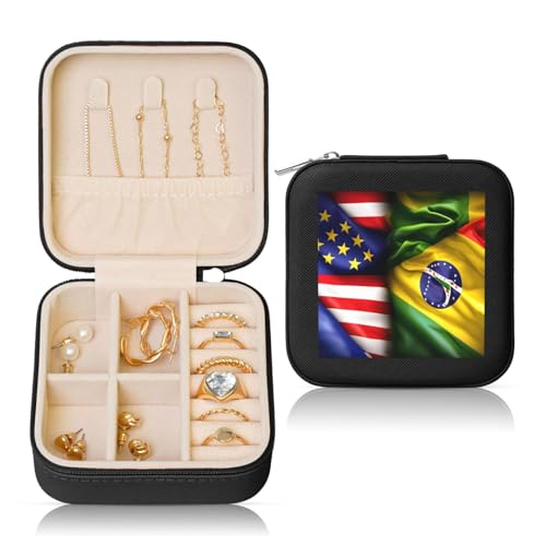 HUIKGIER Tragbare quadratische Schmuckschatulle mit amerikanischen und brasilianischen Flaggen, stilvolle Aufbewahrungsbox für Ohrringe, Halsketten, Armbänder von HUIKGIER