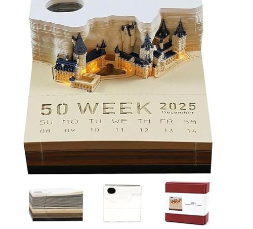 3d Kalender,3D-Notizblock,3D Kalender Abreißen 2025,Papierskulptur Desktop Ornament,2025 Tischkalender-Notizblock mit Licht,3D-Magisches Schloss Wochenkalender Notizblock,Desktop-Kalender von HUIKUANGEU