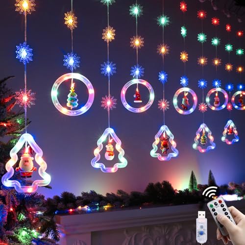 HUIKUANGEU Lichtervorhang Innen,Weihnachtsbeleuchtung Fenster,Lichterkettenvorhang Fenster Weihnachtsdeko,Weihnachtsbeleuchtung Lichterkette Fenster Innen, Ring- und Weihnachtsbaum Lichtervorhang von HUIKUANGEU