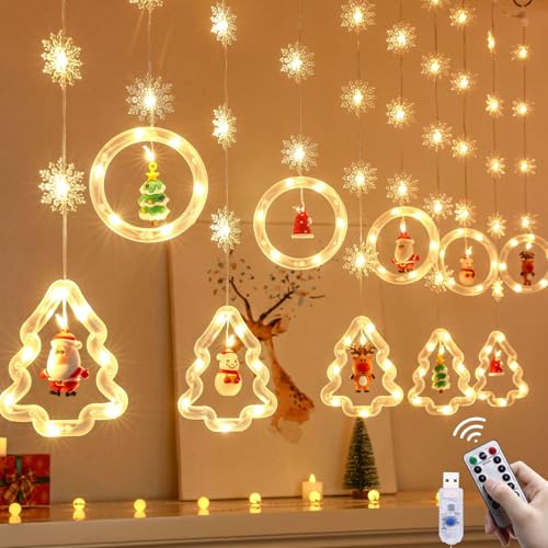 HUIKUANGEU Lichtervorhang Innen,Weihnachtsbeleuchtung Fenster,Lichterkettenvorhang Fenster Weihnachtsdeko,Weihnachtsbeleuchtung Lichterkette Fenster Innen, Ring- und Weihnachtsbaum Lichtervorhang von HUIKUANGEU