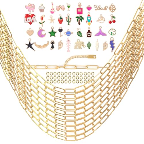 10 Stück 45,7 cm goldene Büroklammerketten für Frauen mit 37 Charms, 45 Stück offene Binderinge für die Schmuckherstellung, mit Edelstahl gefüllt, 18 Karat vergoldet, verstellbare Gliederkette von HUISUYTON