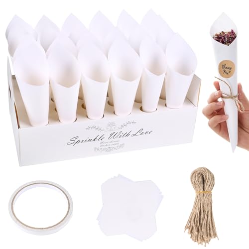 HULAGU Hochzeit Kraftpapier Kegel 60 Stück Weiß Konfetti Kegel mit Konfetti Kegelhalter für Hochzeit Deko DIY Kraftpapier für Konfetti Blütenblätter Süßigkeiten Schokolade von HULAGU