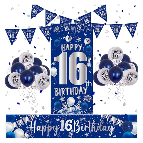 16 Geburtstag Deko Blau und Silber, Deko 16. Geburtstag Männer Frauen Jungen Mädchen mit Geburtstagsdeko 16 Konfetti Luftballons, “Happy 16th Birthday” Lange Girlande Banner und Banner Hintergrund von HULASO