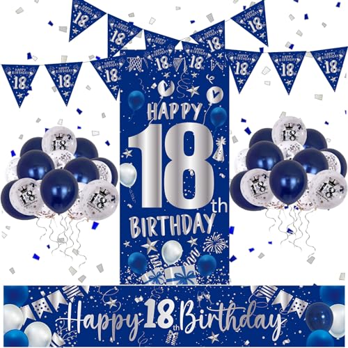 18 Geburtstag Deko Blau und Silber, Deko 18. Geburtstag Mädchen Mädchen mit Geburtstagsdeko 18 Konfetti Luftballons, “Happy 18th Birthday” Lange Banner und Banner Hintergrund von HULASO