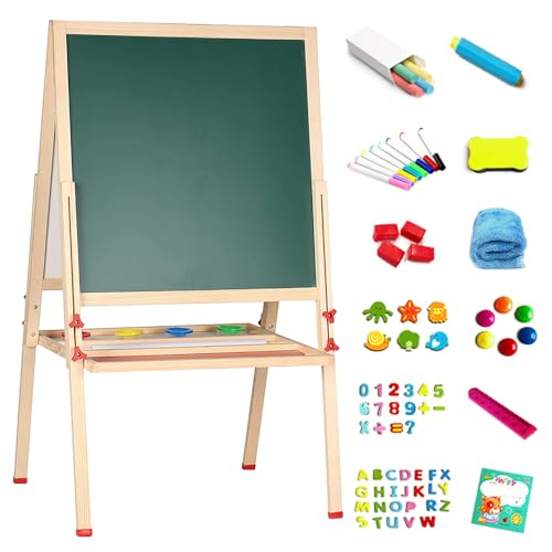 Kinder Tafel Holz Kindertafel Malerei Holztafel|Höhenverstellbar Doppelseitige, Double-Sided Whiteboard and Board, Whiteboard und Tafel-Staffelei für Kinder 2-8 Jahren von HUOLE