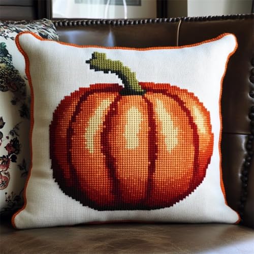 HURCP Kreuzstich Kissen-Kits für Erwachsene Kinder Anfänger Big Pumpkin Advanced Kissenbezug Kissenbezug Teppich 45x45 DIY Handarbeit Stickerei Kits Handgemachtes Set Handwerk Sofa Wohnkultur, Single von HURCP