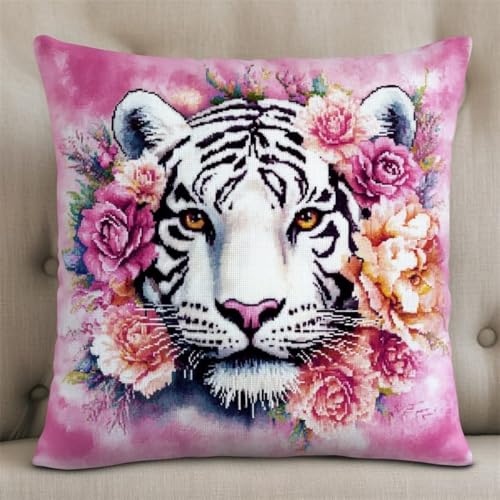 Kreuzstich Kissen Kits Für Erwachsene Kinder Anfänger Blumen Weiß Tiger Advanced Kissenbezug Kissenbezug Teppich 45x45 DIY Handarbeit Stickerei Kits Handgemachtes Set Handwerk Sofa Wohnkultur, Doppel von HURCP