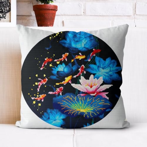 Kreuzstich Kissen Kits Für Erwachsene Kinder Anfänger Golden Fish Lotus Advanced Kissenbezug Kissenbezug Teppich 45x45 DIY Handarbeit Stickerei Kits Handgemachtes Set Handwerk Sofa Wohnkultur, Doppel von HURCP