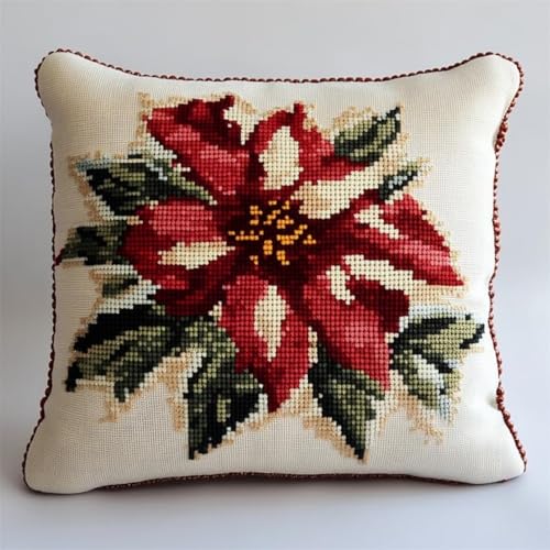 Kreuzstich Kissen Kits Für Erwachsene Kinder Anfänger Große Rote Blume Advanced Kissenbezug Kissenbezug Teppich 45x45 DIY Handarbeit Stickerei Kits Handgemachtes Set Handwerk Sofa Wohnkultur, Single von HURCP