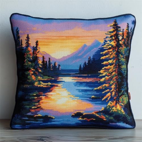 Kreuzstich Kissen Kits Für Erwachsene Kinder Anfänger Lakeside At Sunset Advanced Kissenbezug Kissenbezug Teppich 45x45 DIY Handarbeit Stickerei Kits Handgemachtes Set Handwerk Sofa Wohnkultur, Doppel von HURCP