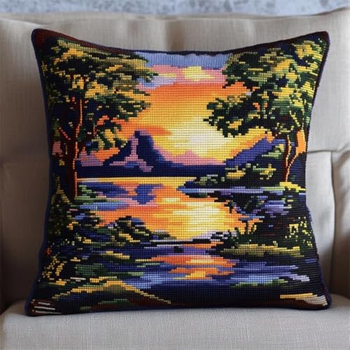 Kreuzstich Kissen Kits Für Erwachsene Kinder Anfänger Lakeside At Sunset Advanced Kissenbezug Kissenbezug Teppich 45x45 DIY Handarbeit Stickerei Kits Handgemachtes Set Handwerk Sofa Wohnkultur, Doppel von HURCP