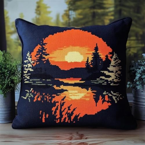 Kreuzstich Kissen Kits Für Erwachsene Kinder Anfänger Lakeside Sunset River Advanced Kissenbezug Kissenbezug Teppich 45x45 DIY Handarbeit Stickerei Kits Handgemachtes Set Handwerk Sofa Wohnkultur, Sin von HURCP