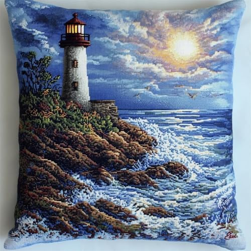 Kreuzstich Kissen Kits Für Erwachsene Kinder Anfänger Lighthouse Sea Advanced Kissenbezug Kissenbezug Teppich 45x45 DIY Handarbeit Stickerei Kits Handgemachtes Set Handwerk Sofa Wohnkultur, Single von HURCP