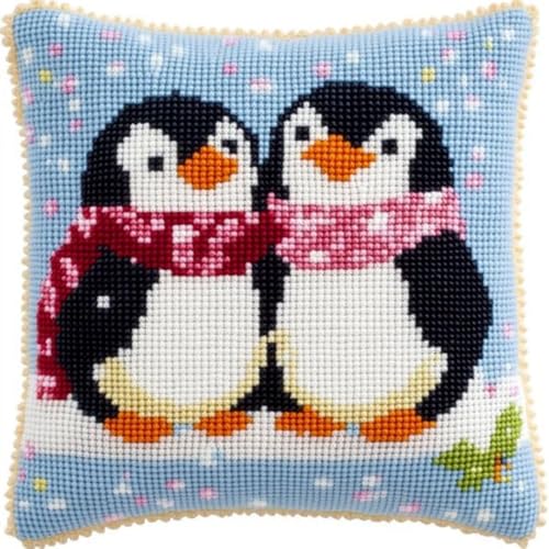 Kreuzstich Kissen Kits Für Erwachsene Kinder Anfänger Niedliche Pinguin Paar Fortgeschrittene Kissenbezug Kissenbezug Teppich 45x45 DIY Handarbeit Stickerei Kits Handgemachtes Set Handwerk Sofa Wohnku von HURCP