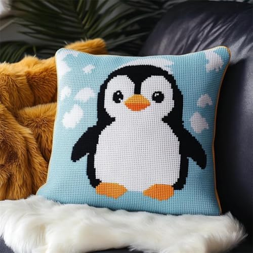 Kreuzstich Kissen Kits Für Erwachsene Kinder Anfänger Niedlicher Pinguin Advanced Kissenbezug Kissenbezug Teppich 45x45 DIY Handarbeit Stickerei Kits Handgemachtes Set Handwerk Sofa Wohnkultur, Single von HURCP