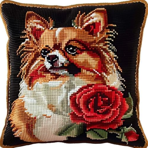 Kreuzstich Kissen Kits Für Erwachsene Kinder Anfänger Papillon Hund Rose Advanced Kissenbezug Kissenbezug Teppich 45x45 DIY Handarbeit Stickerei Kits Handgemachtes Set Handwerk Sofa Wohnkultur, Single von HURCP