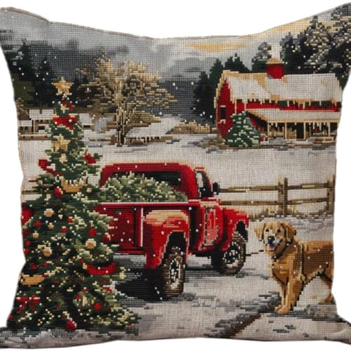 Kreuzstich Kissen Kits Für Erwachsene Kinder Anfänger Rot LKW Weihnachtsbaum Advanced Kissenbezug Kissenbezug Teppich 45x45 DIY Handarbeit Stickerei Kits Handgemachtes Set Handwerk Sofa Wohnkultur, Si von HURCP