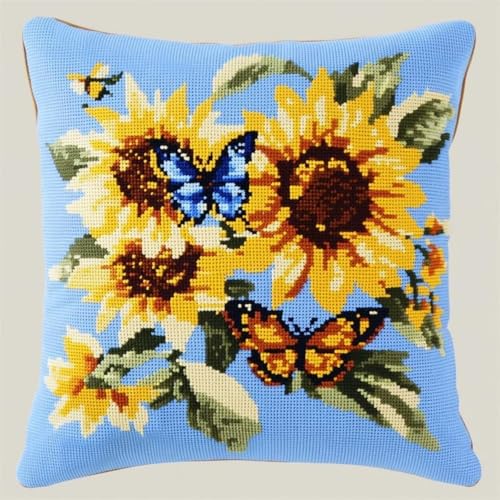 Kreuzstich Kissen Kits Für Erwachsene Kinder Anfänger Schmetterling Sonnenblume Advanced Kissenbezug Kissenbezug Teppich 45x45 DIY Handarbeit Stickerei Kits Handgemachtes Set Handwerk Sofa Wohnkultur, von HURCP