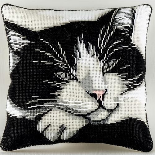 Kreuzstich Kissen Kits Für Erwachsene Kinder Anfänger Schwarz Weiß Katze Advanced Kissenbezug Kissenbezug Teppich 45x45 DIY Handarbeit Stickerei Kits Handgemachtes Set Handwerk Sofa Wohnkultur, Single von HURCP