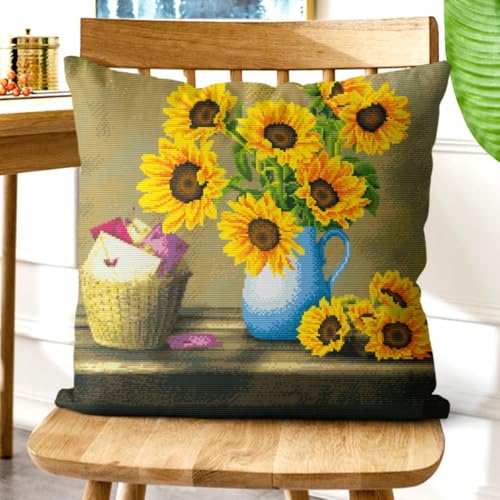 Kreuzstich Kissen Kits Für Erwachsene Kinder Anfänger Sonnenblume Vase Advanced Kissenbezug Kissenbezug Teppich 45x45 DIY Handarbeit Stickerei Kits Handgemachtes Set Handwerk Sofa Wohnkultur, Single von HURCP