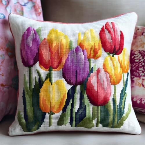 Kreuzstich Kissen Kits Für Erwachsene Kinder Anfänger Tulpe Blumen Fortgeschrittene Kissenbezug Kissenbezug Teppich 45x45 DIY Handarbeit Stickerei Kits Handgemachtes Set Handwerk Sofa Wohnkultur, Sing von HURCP