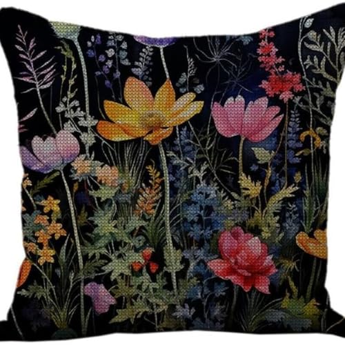 Kreuzstich Kissen Kits Für Erwachsene Kinder Anfänger Wild Little Flowers Advanced Kissenbezug Kissenbezug Teppich 45x45 DIY Handarbeit Stickerei Kits Handgemachtes Set Handwerk Sofa Wohnkultur, Singl von HURCP