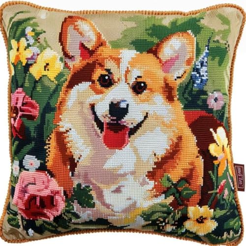 Kreuzstich Kissen-Kits für Erwachsene Kinder Anfänger Akita Hundeblume Advanced Kissenbezug Kissenbezug Teppich 45x45 DIY Handarbeit Stickerei Kits Handgemachtes Set Craft Sofa Home Decor, Doppel von HURCP