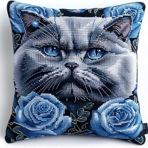 Kreuzstich Kissen Kits für Erwachsene Kinder Anfänger Blau Fette Katze Rose Blume Advanced Kissenbezug Kissenbezug Teppich 45x45 DIY Handarbeit Stickerei Kits Handgemachtes Set Handwerk Sofa Wohnkultu von HURCP