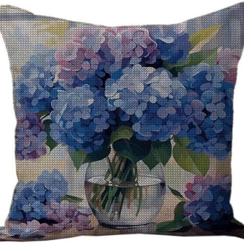 Kreuzstich Kissen Kits für Erwachsene Kinder Anfänger Blau Hortensie Blumen Advanced Kissenbezug Kissenbezug Teppich 45x45 DIY Handarbeit Stickerei Kits Handgemachtes Set Handwerk Sofa Wohnkultur, Dop von HURCP