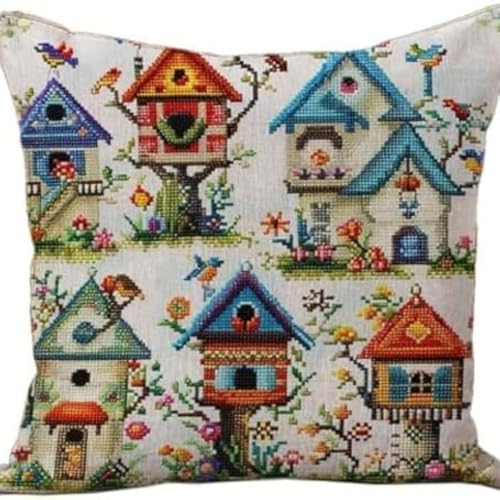 Kreuzstich Kissen Kits für Erwachsene Kinder Anfänger Blume Vogelhäuser Advanced Kissenbezug Kissenbezug Teppich 45x45 DIY Handarbeit Stickerei Kits Handgemachtes Set Handwerk Sofa Wohnkultur, Doppel von HURCP