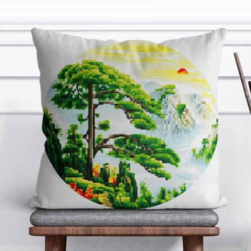 Kreuzstich Kissen-Kits für Erwachsene Kinder Anfänger Chinesische Landschaft Fortgeschrittene Kissenbezug Kissenbezug Teppich 45x45 DIY Handarbeit Stickerei Kits Handgemachtes Set Handwerk Sofa Wohnku von HURCP