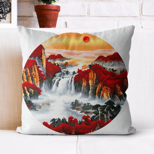 Kreuzstich Kissen-Kits für Erwachsene Kinder Anfänger Chinesische Landschaft Fortgeschrittene Kissenbezug Kissenbezug Teppich 45x45 DIY Handarbeit Stickerei Kits Handgemachtes Set Handwerk Sofa Wohnku von HURCP