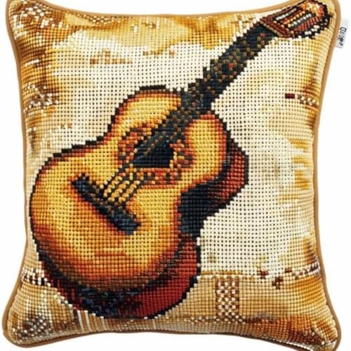 Kreuzstich Kissen Kits für Erwachsene Kinder Anfänger Gelb Gitarre Advanced Kissenbezug Kissenbezug Teppich 45x45 DIY Handarbeit Stickerei Kits Handgemachtes Set Handwerk Sofa Wohnkultur, Doppel von HURCP