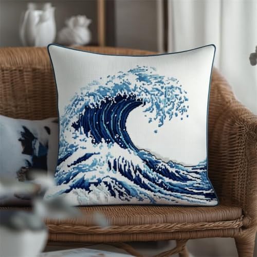 Kreuzstich Kissen Kits für Erwachsene Kinder Anfänger Giant Sea Waves Advanced Kissenbezug Kissenbezug Teppich 45x45 DIY Handarbeit Stickerei Kits Handgemachtes Set Handwerk Sofa Wohnkultur, Doppel von HURCP