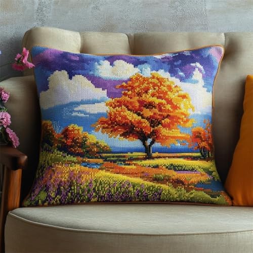 Kreuzstich Kissen-Kits für Erwachsene Kinder Anfänger Herbst Grasland Baum Landschaft Advanced Kissenbezug Kissenbezug Teppich 45x45 DIY Handarbeit Stickerei Kits Handgemachtes Set Handwerk Sofa Wohnk von HURCP