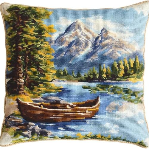 Kreuzstich Kissen-Kits für Erwachsene Kinder Anfänger Holzboot River Mountain Advanced Kissenbezug Kissenbezug Teppich 45x45 DIY Handarbeit Stickerei Kits Handgemachtes Set Handwerk Sofa Wohnkultur, S von HURCP