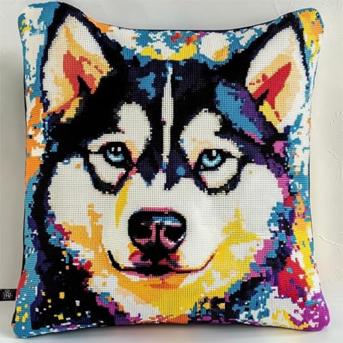 Kreuzstich Kissen Kits für Erwachsene Kinder Anfänger Husky Hund Advanced Kissenbezug Kissenbezug Teppich 45x45 DIY Handarbeit Stickerei Kits Handgemachtes Set Handwerk Sofa Wohnkultur, Single von HURCP