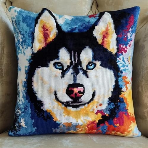 Kreuzstich Kissen Kits für Erwachsene Kinder Anfänger Husky Hund Advanced Kissenbezug Kissenbezug Teppich 45x45 DIY Handarbeit Stickerei Kits Handgemachtes Set Handwerk Sofa Wohnkultur, Single von HURCP