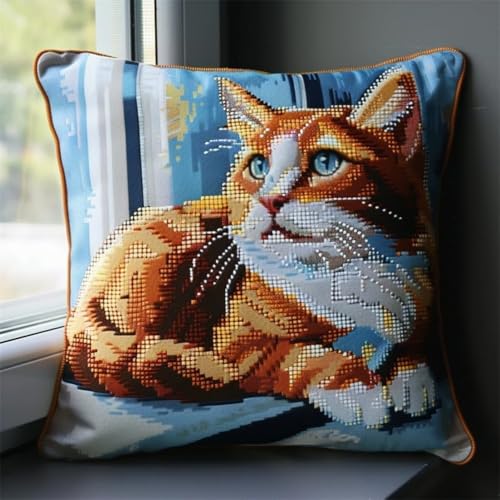 Kreuzstich Kissen-Kits für Erwachsene Kinder Anfänger Ingwer Katze Advanced Kissenbezug Kissenbezug Teppich 45x45 DIY Handarbeit Stickerei Kits Handgemachtes Set Handwerk Sofa Wohnkultur, Single von HURCP