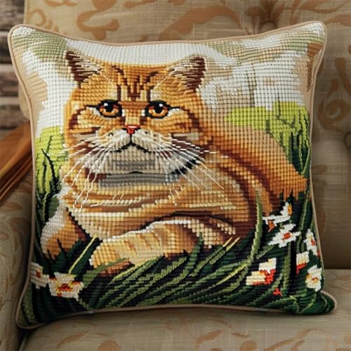 Kreuzstich Kissen-Kits für Erwachsene Kinder Anfänger Ingwer Katze Tussock Advanced Kissenbezug Kissenbezug Teppich 45x45 DIY Handarbeit Stickerei Kits Handgemachtes Set Handwerk Sofa Wohnkultur, Sing von HURCP