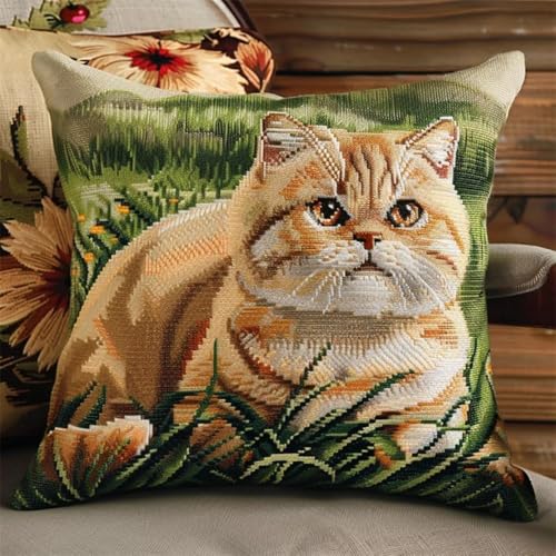 Kreuzstich Kissen Kits für Erwachsene Kinder Anfänger Ingwer Katze Tussock Advanced Kissenbezug Kissenbezug Teppich 45x45 DIY Handarbeit Stickerei Kits Handgemachtes Set Handwerk Sofa Wohnkultur, Dopp von HURCP