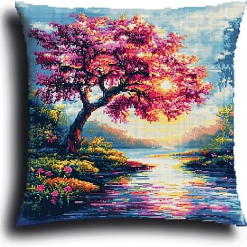 Kreuzstich Kissen-Kits für Erwachsene Kinder Anfänger Kirschblüte Baum River Advanced Kissenbezug Kissenbezug Teppich 45x45 DIY Handarbeit Stickerei Kits Handgemachtes Set Handwerk Sofa Wohnkultur, Do von HURCP