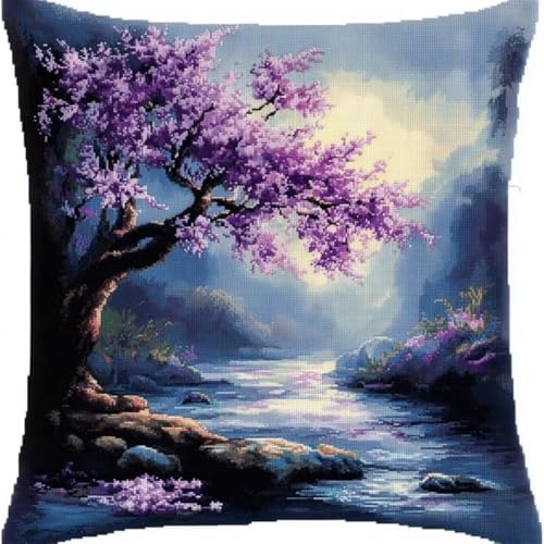 Kreuzstich Kissen-Kits für Erwachsene Kinder Anfänger Kirschblüte Baum River Advanced Kissenbezug Kissenbezug Teppich 45x45 DIY Handarbeit Stickerei Kits Handgemachtes Set Handwerk Sofa Wohnkultur, Do von HURCP