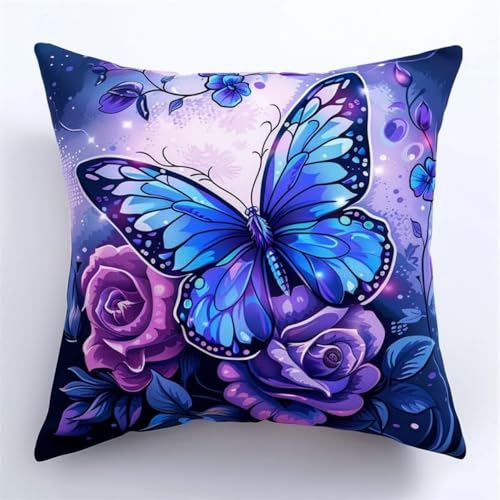 Kreuzstich Kissen Kits für Erwachsene Kinder Anfänger Lila Blau Blume Schmetterling Advanced Kissenbezug Kissenbezug Teppich 45x45 DIY Handarbeit Stickerei Kits Handgemachtes Set Handwerk Sofa Wohnkul von HURCP