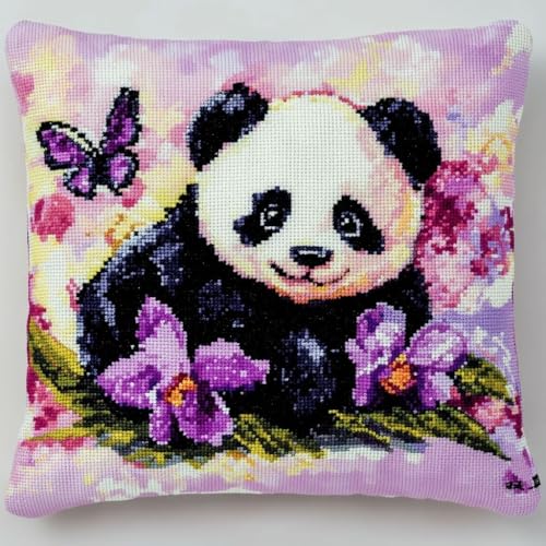 Kreuzstich Kissen Kits für Erwachsene Kinder Anfänger Niedlicher Panda Lila Schmetterling Advanced Kissenbezug Kissenbezug Teppich 45x45 DIY Handarbeit Stickerei Kits Handgemachtes Set Handwerk Sofa W von HURCP