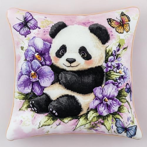 Kreuzstich Kissen Kits für Erwachsene Kinder Anfänger Niedlicher Panda Lila Schmetterling Advanced Kissenbezug Kissenbezug Teppich 45x45 DIY Handarbeit Stickerei Kits Handgemachtes Set Handwerk Sofa W von HURCP