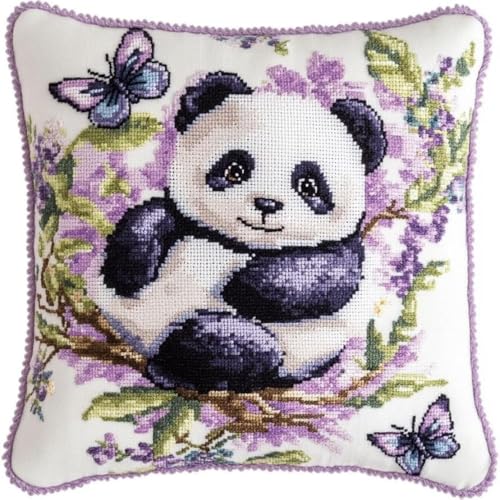 Kreuzstich Kissen Kits für Erwachsene Kinder Anfänger Niedlicher Panda Lila Schmetterling Advanced Kissenbezug Kissenbezug Teppich 45x45 DIY Handarbeit Stickerei Kits Handgemachtes Set Handwerk Sofa W von HURCP