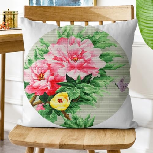 Kreuzstich Kissen-Kits für Erwachsene Kinder Anfänger Rosa Blume Schmetterling Advanced Kissenbezug Kissenbezug Teppich 45x45 DIY Handarbeit Stickerei Kits Handgemachtes Set Handwerk Sofa Wohnkultur, von HURCP